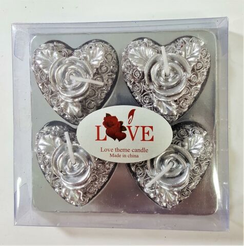 4LÜ KALP ASETAT KUTULU GÜMÜŞ MUM
