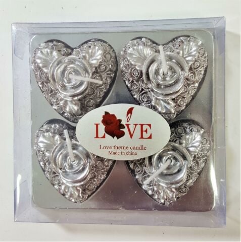 4LÜ KALP ASETAT KUTULU GÜMÜŞ MUM
