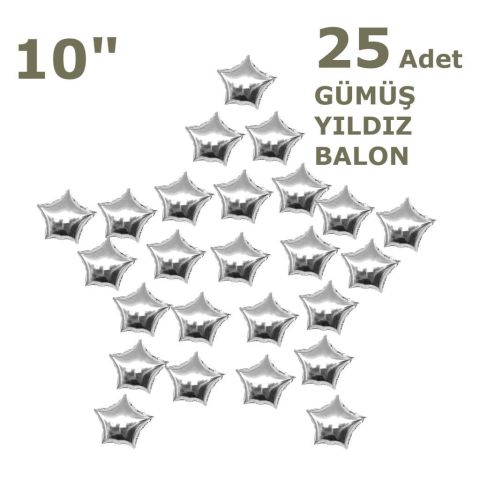 25 YILDIZLI 10 İNC GÜMÜŞ SET BALON