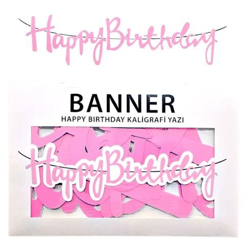 BANNER EL YAZILI HAPPY BİRTHDAY PEMBE UZAR YAZI