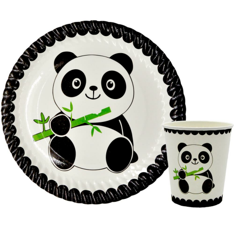 8 Lİ PANDA BASKILI TABAK BARDAK SET