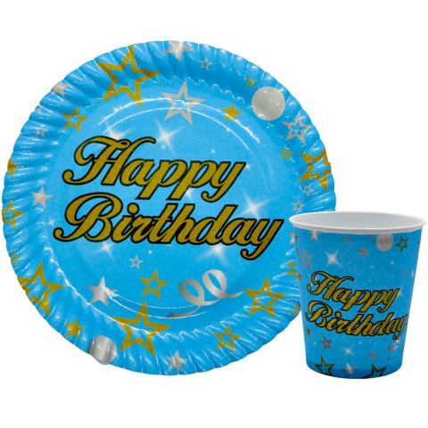 8 Lİ HAPPY BİRTHDAY MAVİ TABAK BARDAK SET