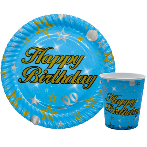 8 Lİ HAPPY BİRTHDAY MAVİ TABAK BARDAK SET