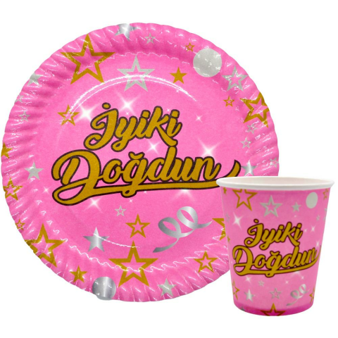8 Lİ İYİKİ DOĞDUN PEMBE TABAK BARDAK SET