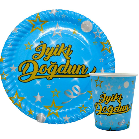 8 Lİ İYİKİ DOĞDUN MAVİ TABAK BARDAK SET