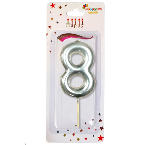 ORTA BOY 8 RAKAM GÜMÜŞ MUM 12CM PK:24 KL:600
