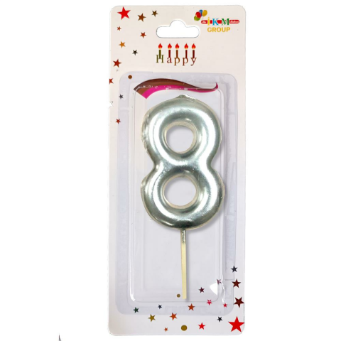 ORTA BOY 8 RAKAM GÜMÜŞ MUM 12CM PK:24 KL:600