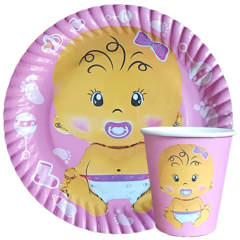 8 Lİ BEBEK PEMBE BASKILI TABAK BARDAK SET