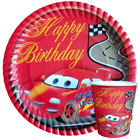 8 Lİ KIRMIZI ARABA BASKILI TABAK BARDAK SET