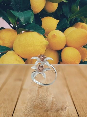 925 Ayar Çift Çiçekli Portakal Çiçeği Gümüş Yüzük