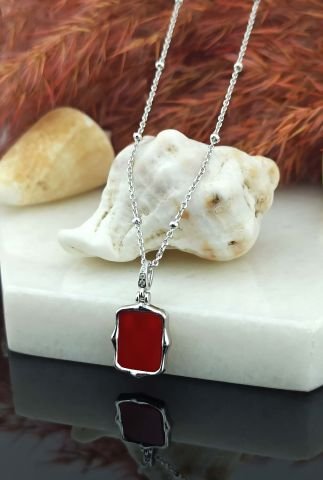 925 Ayar Mercan Taşlı Gümüş Kolye
