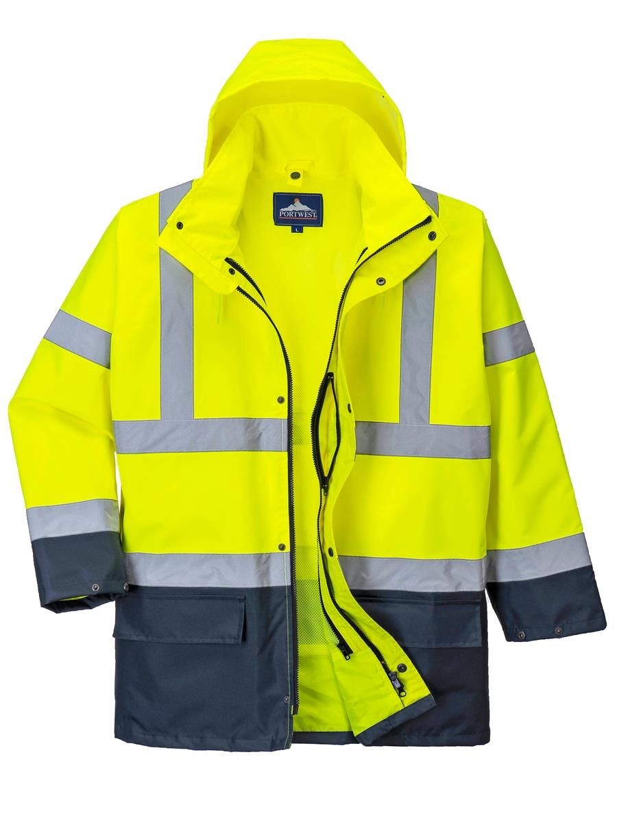 Portwest S766 5-in-1 Hi-Vis Yüksek Görünürlüklü 300D Oxford %100 Polyester Kumaş Parka Kaban Sarı lacivert