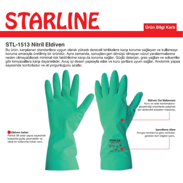 Starline STL-1513 Kimyasal Nitril Eldiven Kalınlık : 0,38mm Uzunluk : 330mm EN388-4101X EN ISO 374-1 AJKLMNOPT EN374-5