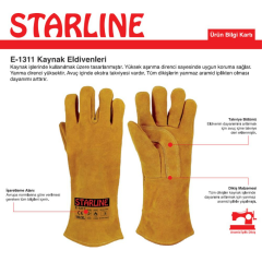 Starline E-1311 yarma Deri Avuç İçi Takviyeli Aramid (Kevlar) Dikişli Kaynakçı Eldiveni EN388-4244X EN407-413X4X EN ISO 12477:2001+A1:2005 TypeA