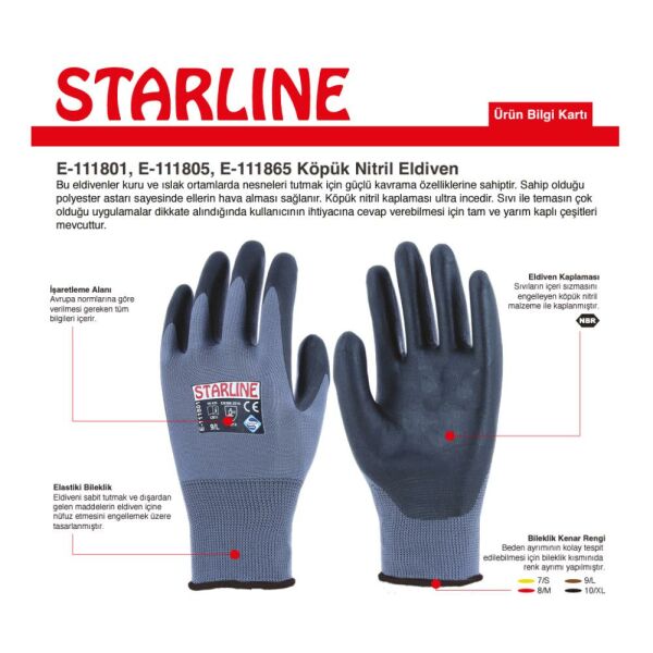 Starline E-111801 1/2 Köpük Nitril Kaplı Polyester Astarlı İş Eldiven EN388-3121X