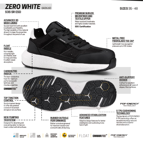 Toworkfor Zero Gravity White S3 SRC ESD Kompoizt Burun İş Ayakkabısı