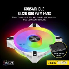 CORSAIR CO-9050104-WW QL120 RGB 120 MM DORT RGB RENK DONGULU BEYAZ PWM FAN LIGHTING NODE CORE KONTROLCU ILE BIRLIKTE 3 LU PAKET