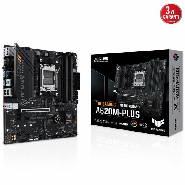 ASUS TUF GAMING A620M-PLUS AMD A620 AM5 DDR5 6400 2xDP HDMI Çift M2 USB3.2 AURA RGB 2.5Gbit LAN mATX ASUS TUF PROTECTION