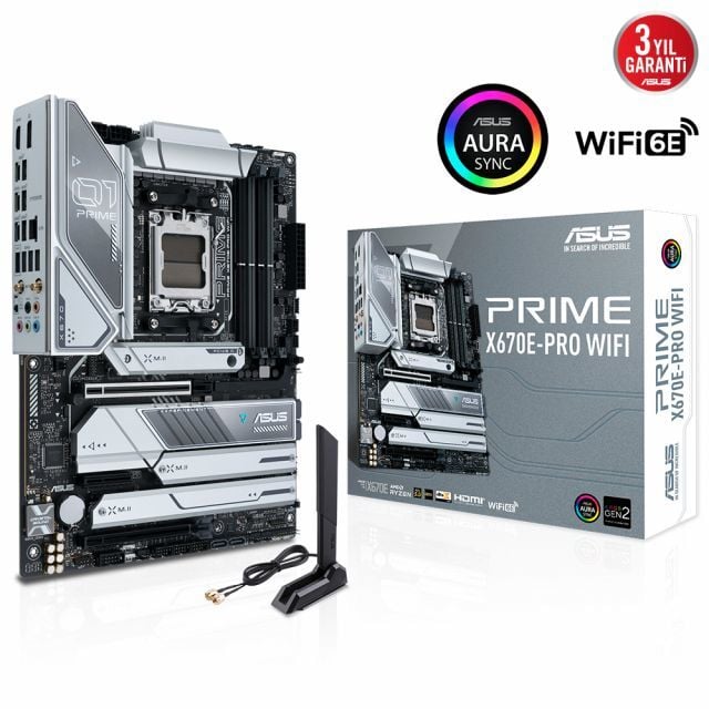 ASUS MB PRIME X670E-PRO WIFI AMD X670E AM5 DDR5 6400 DP HDMI 4X M2 USB3.2 AX WİFİ + BT AURA RGB 2.5GBİT LAN ATX 128GB’A KADAR RAM DESTEĞİ PCIE5.0 ASUS 5X PROTECTION III