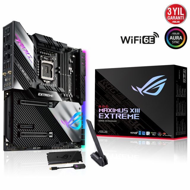 ASUS MB ROG MAXIMUS XIII EXTREME INTEL Z590 LGA1200 DDR4 5333 HDMI 5X M2 USB3.2 AX WİFİ + BT AURA RGB 10GBİT + 2.5GBİT LAN EATX THUNDERBOLT 4 1 YILLIK AIDA64 EXTREME ABONELİĞİ 18+2 GÜÇ AŞAMASI