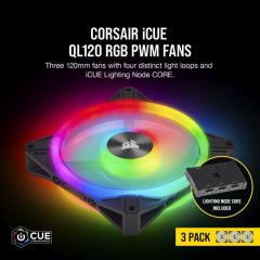 CORSAIR CO-9050098-WW ICUE QL120 RGB 120 MM DORT RGB RENK DONGULU PWM FAN LIGHTING NODE CORE KONTROLCU ILE BIRLIKTE 3 LU PAKET