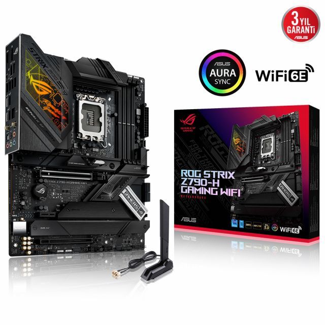 ASUS ROG STRIX Z790-H GAMING WIFI INTEL Z790 LGA1700 DDR5 7800 DP HDMI 4x M2 USB3.2 WiFi 6E-BT AURA RGB 2.5Gbit LAN ATX 16+1 GUC ASAMASI PCIe SlLOT Q-RELEASE ARTTIRILMIS M2 SOGUTMA