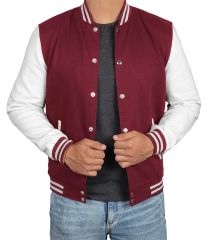 Bordo Beyaz Nakışlı ve Baskılı Kolej Montu, Varsity, Bomber Ceket PL26