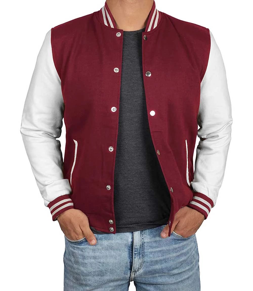 Bordo Beyaz Nakışlı ve Baskılı Kolej Montu, Varsity, Bomber Ceket PL26