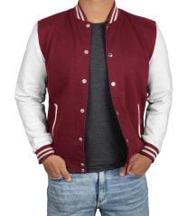 Bordo Beyaz Nakışlı ve Baskılı Kolej Montu, Varsity, Bomber Ceket PL26
