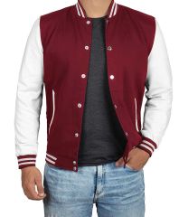Bordo Beyaz Nakışlı ve Baskılı Kolej Montu, Varsity, Bomber Ceket PL26