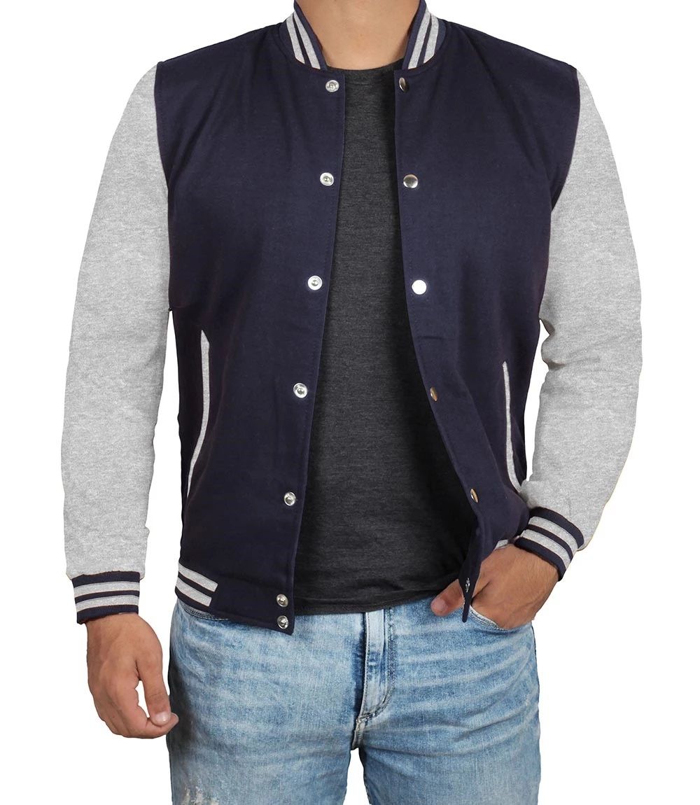 Lacivert Gri Nakışlı ve Baskılı Kolej Montu, Varsity, Bomber Ceket PL27