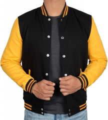 Siyah Sarı Nakışlı ve Baskılı Kolej Montu, Varsity, Bomber Ceket PL31