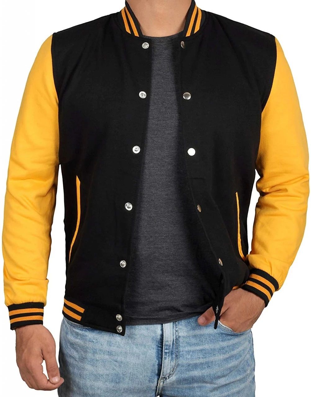 Siyah Sarı Nakışlı ve Baskılı Kolej Montu, Varsity, Bomber Ceket PL31