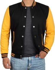 Siyah Sarı Nakışlı ve Baskılı Kolej Montu, Varsity, Bomber Ceket PL31