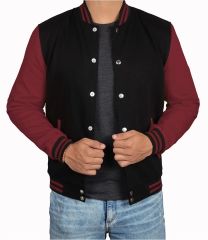 Siyah Bordo Nakışlı ve Baskılı Kolej Montu, Varsity, Bomber Ceket PL33