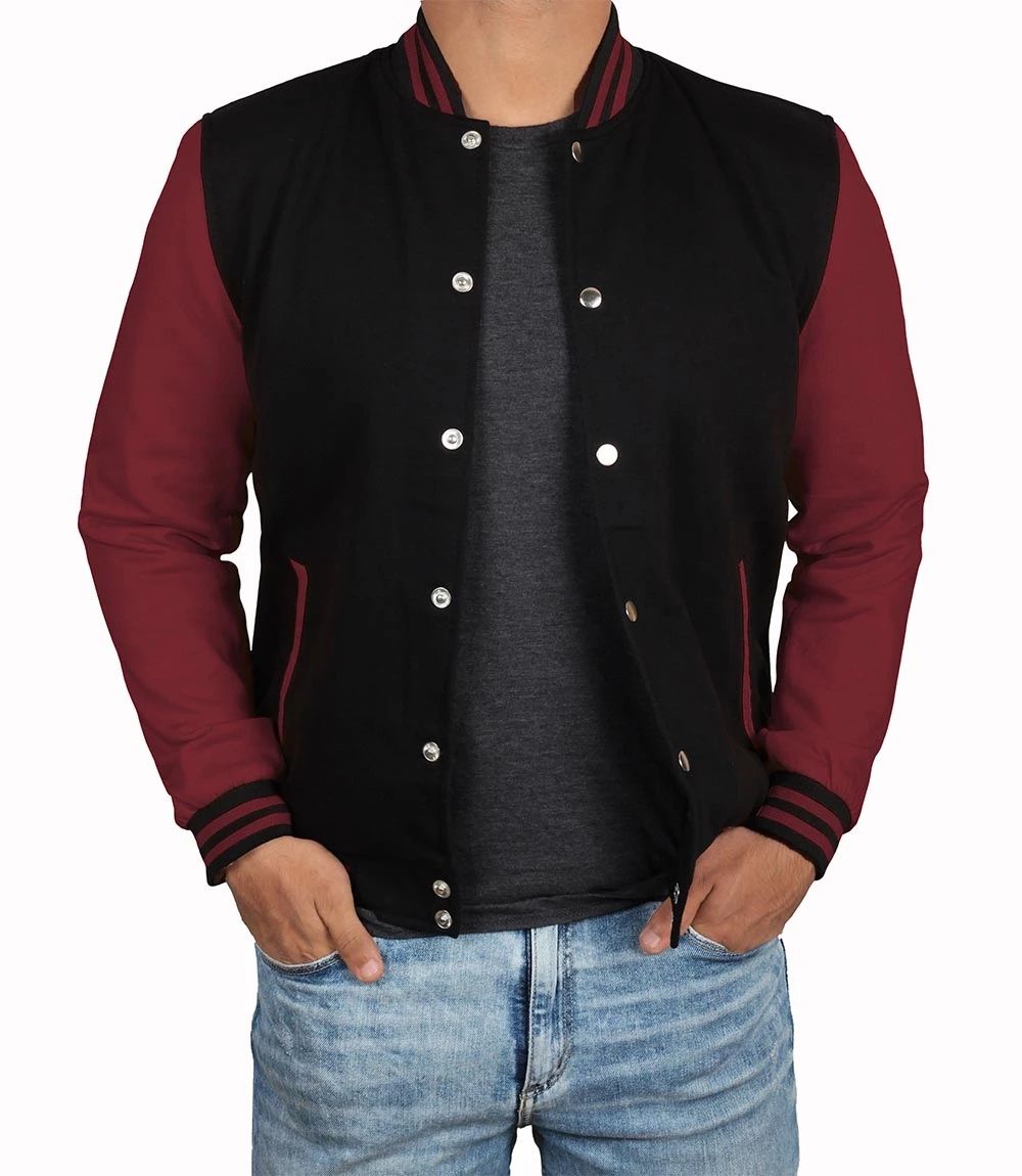 Siyah Bordo Nakışlı ve Baskılı Kolej Montu, Varsity, Bomber Ceket PL33