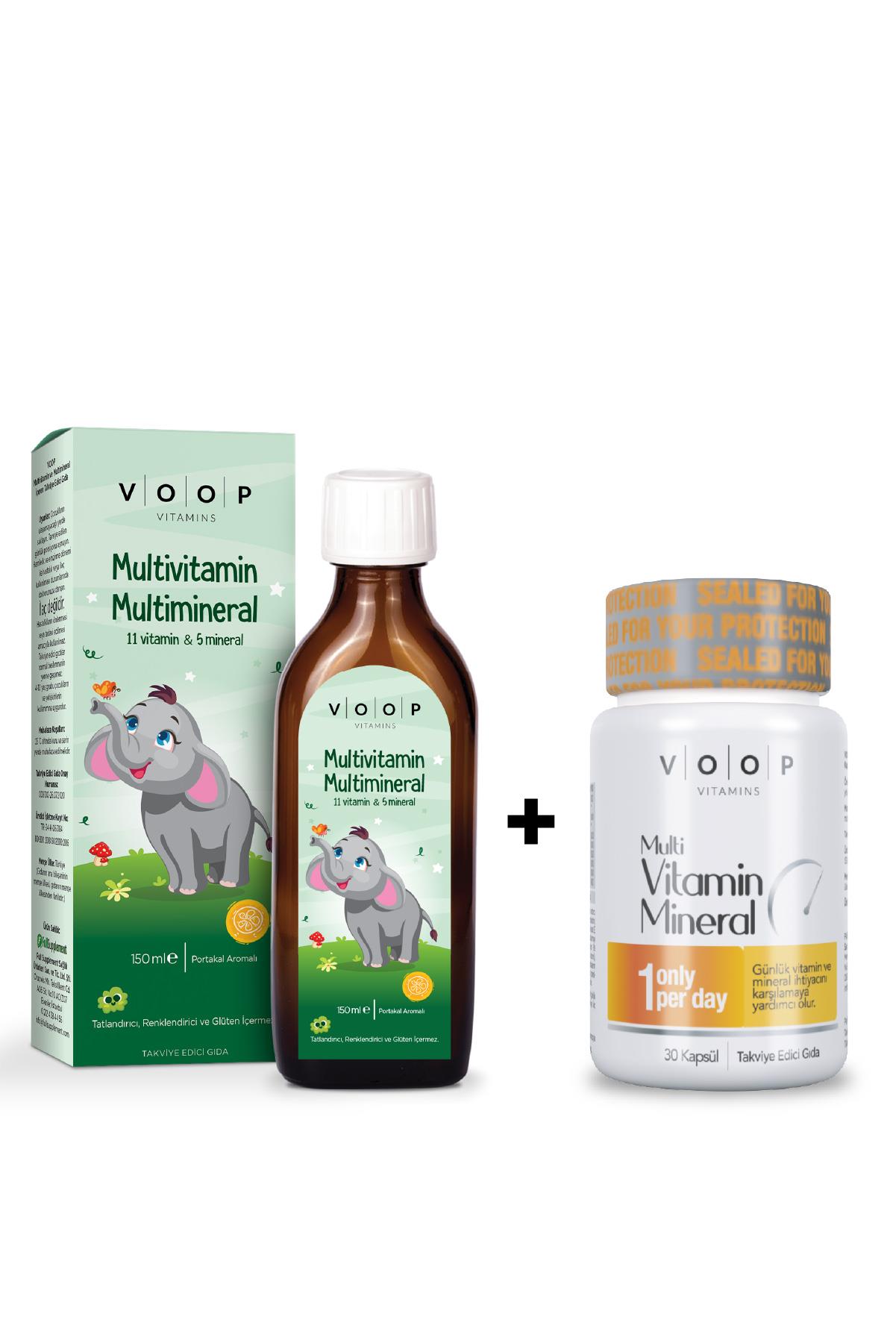 VOOP Multivitamin Multimineral Portakal Aromalı Şurup 150 ml + Voop Multivitamin Mineral 30 Kapsül