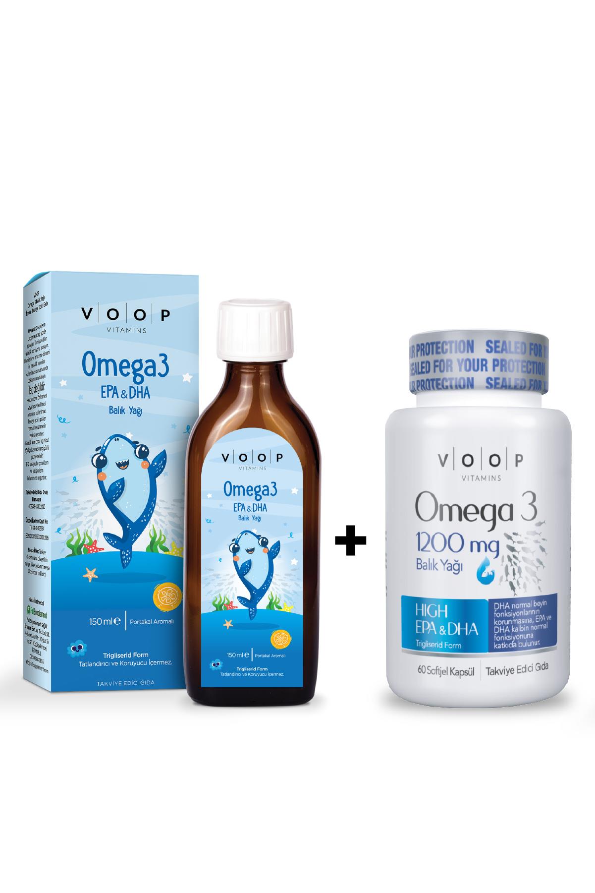 VOOP Omega 3 EPA&DHA Balık Yağı Portakal Aromalı Şurup 150 ml  + Voop Omega 3 1200 mg 60 Kapsül