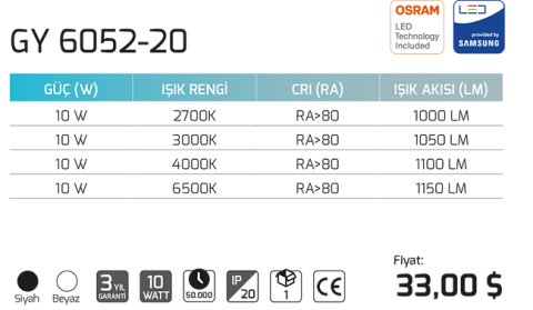 Goya Gy 6052-20 10 Watt Sarkıt Armatür