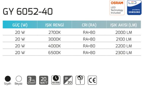 Goya Gy 6052-40 20 Watt Sarkıt Armatür