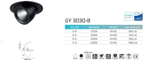 Goya Gy 3030-8 8 Watt COB Ledli Mağaza Armatür