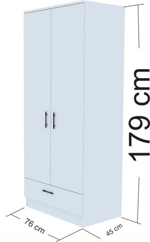 Kıyafet Dolabı 2Kapaklı 1Çekmece  Beyaz 76*179*45