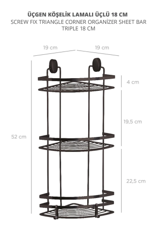 Banyo Köşe Raf Lamalı 3 Katlı 22cm Siyah