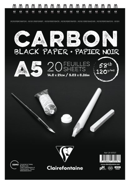 Clairefontaine Carbon Siyah Çizim Bloğu A5 120 Gr 20 Yaprak Üstten Spiralli