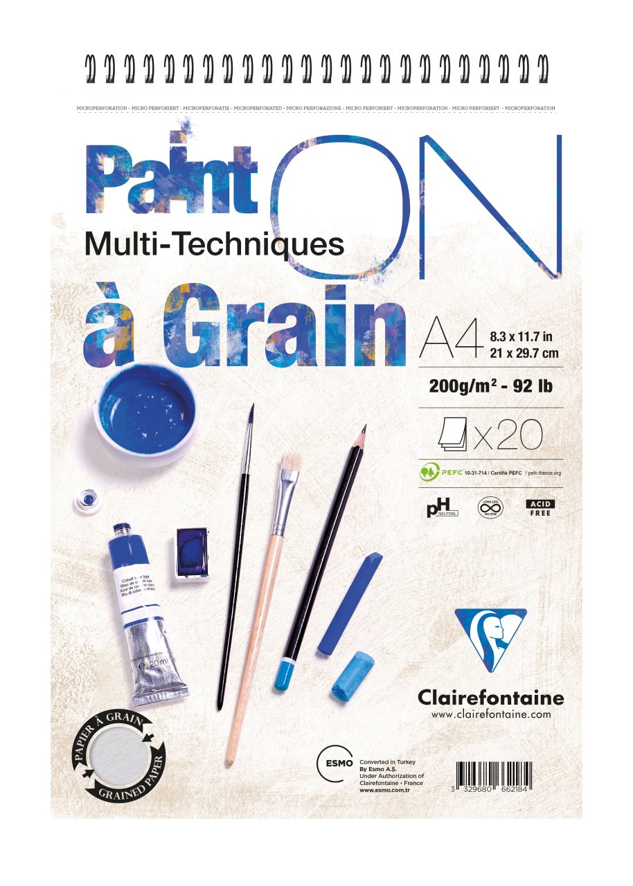 Clairefontaine Paint-On A Grain Çok Amaçlı Blok A4 200 Gr 20 Yaprak Üstten Spiralli