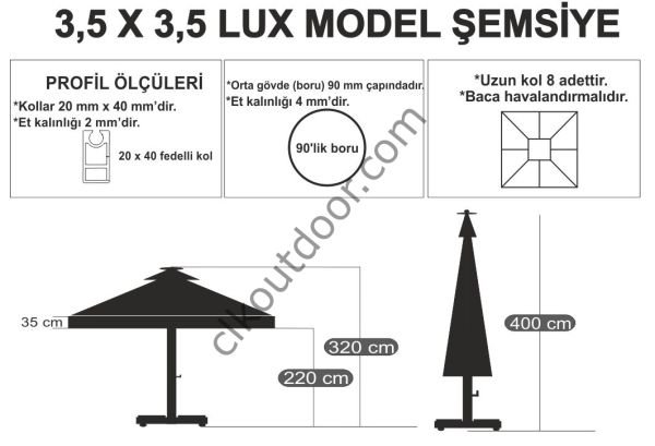 CLK 3,5x3,5 Metre Saçaklı Eko Model Krank Sistem Teleskopik Şemsiye Q80 Profil