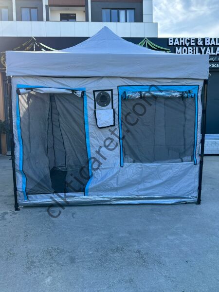 CLK 3x3 30 mm Profil Katlanır Gazebo Kamp Çadır Açık Gri Mavi Detaylı