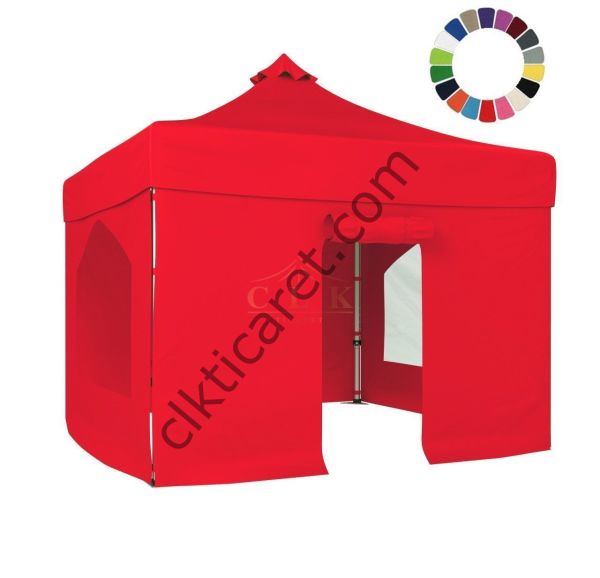 CLK 3x3 Katlanabilir Tente Gazebo Portatif Çadır 30 mm 2 Yan Pencereli 1 Yan Aksesuarsız 1 Yan Kapılı