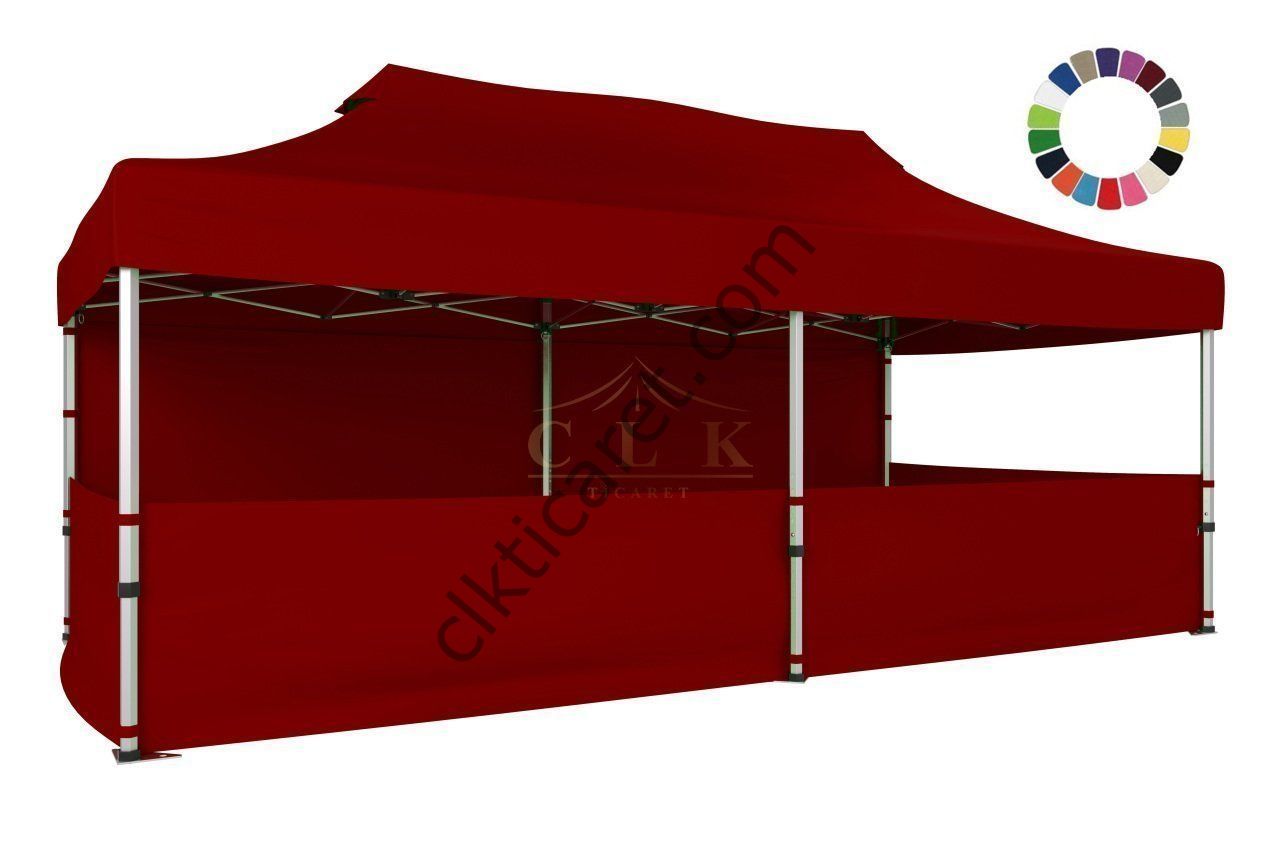 CLK 3x6 Katlanabilir Tente Gazebo Portatif Çadır 30 mm 1 Tam Duvar 3 Yarım Duvar