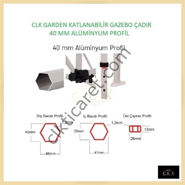 CLK 2x2 40mm Alüminyum Katlanabilir Tente Gazebo Çadır 2 Kenar Kapalı